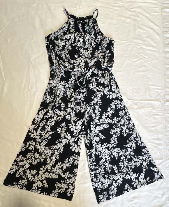 London Times Pants - London Times Black White Floral Tie Waist Wide Leg Crop Jumpsuit